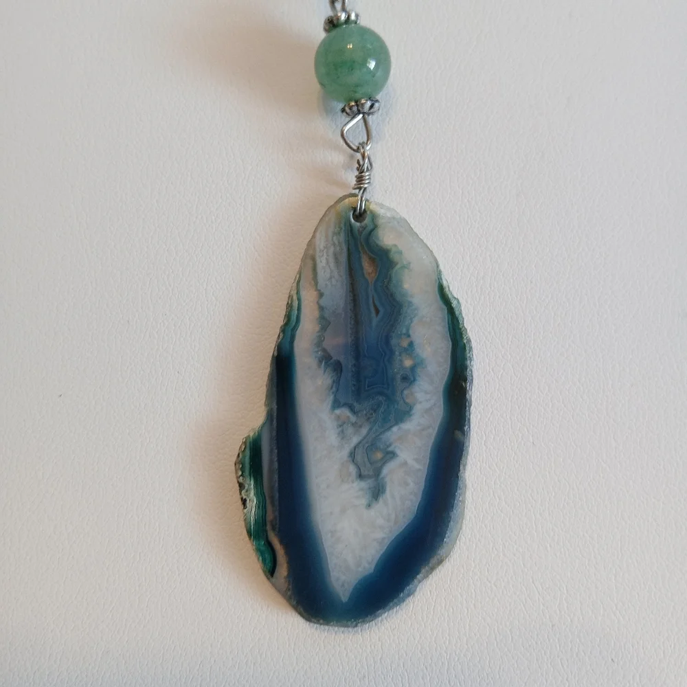 Beautiful 31" Agate Geode Slice Pendant SSilver Chain Spring Ring Vibrant Color - Picture 2 of 6